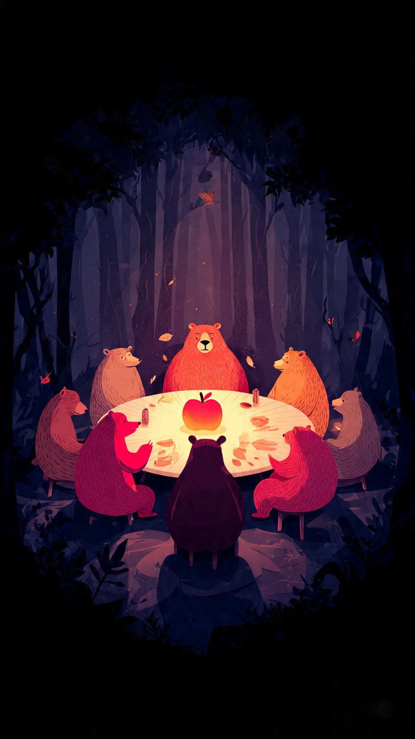 Illustrated bears gathered around a glowing round table in a dark forest