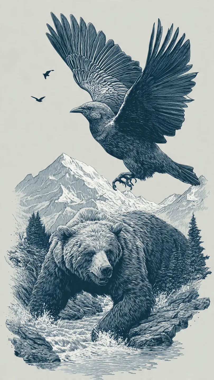 Illustration of a grizzly bear, raven, and snow-capped Rockies